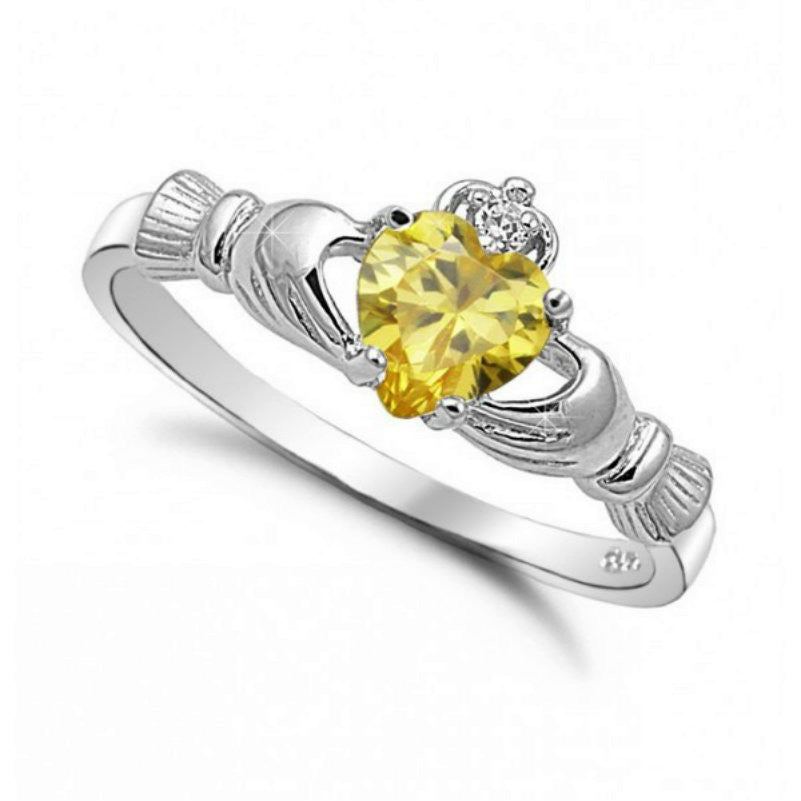 Sterling Silver Yellow Topaz CZ Claddagh Ring Size 5-10 by Blades and Bling