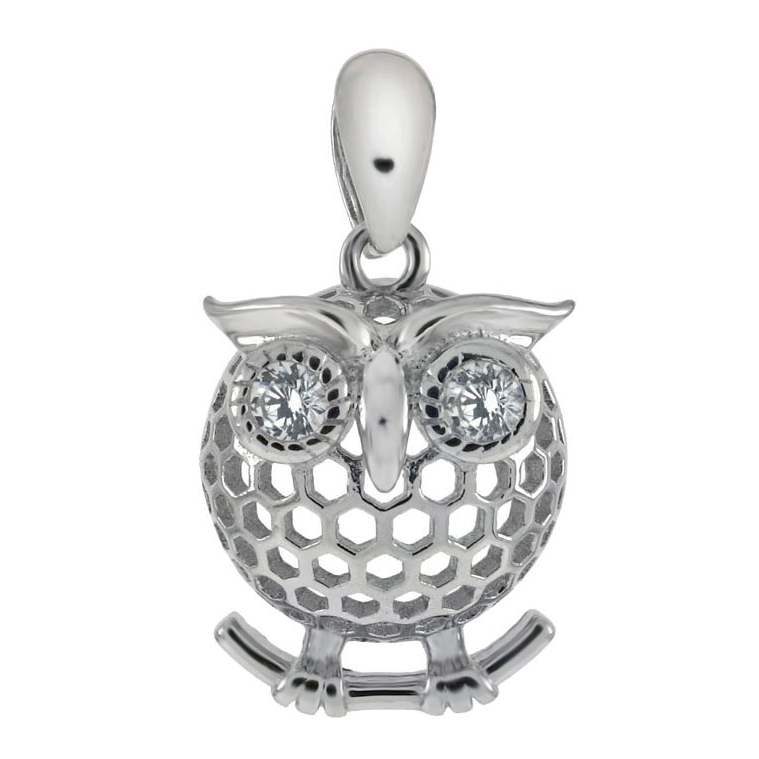 Charming owl pendant with sparkling eyes in solid .925 silver