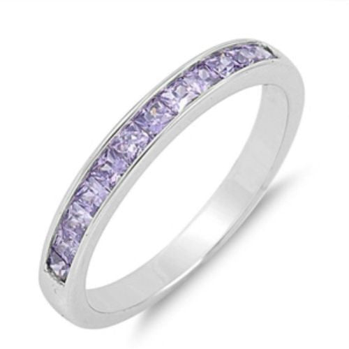 Sterling Silver Amethyst Purple CZ Princess Cut Wedding Band Ring size 5-10