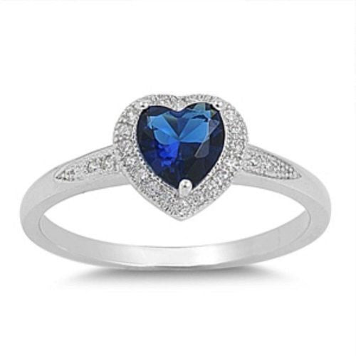 Sterling Silver Halo Blue Sapphire CZ Heart Engagement Ring size 4-10 - Blades and Bling Sterling Silver Jewelry