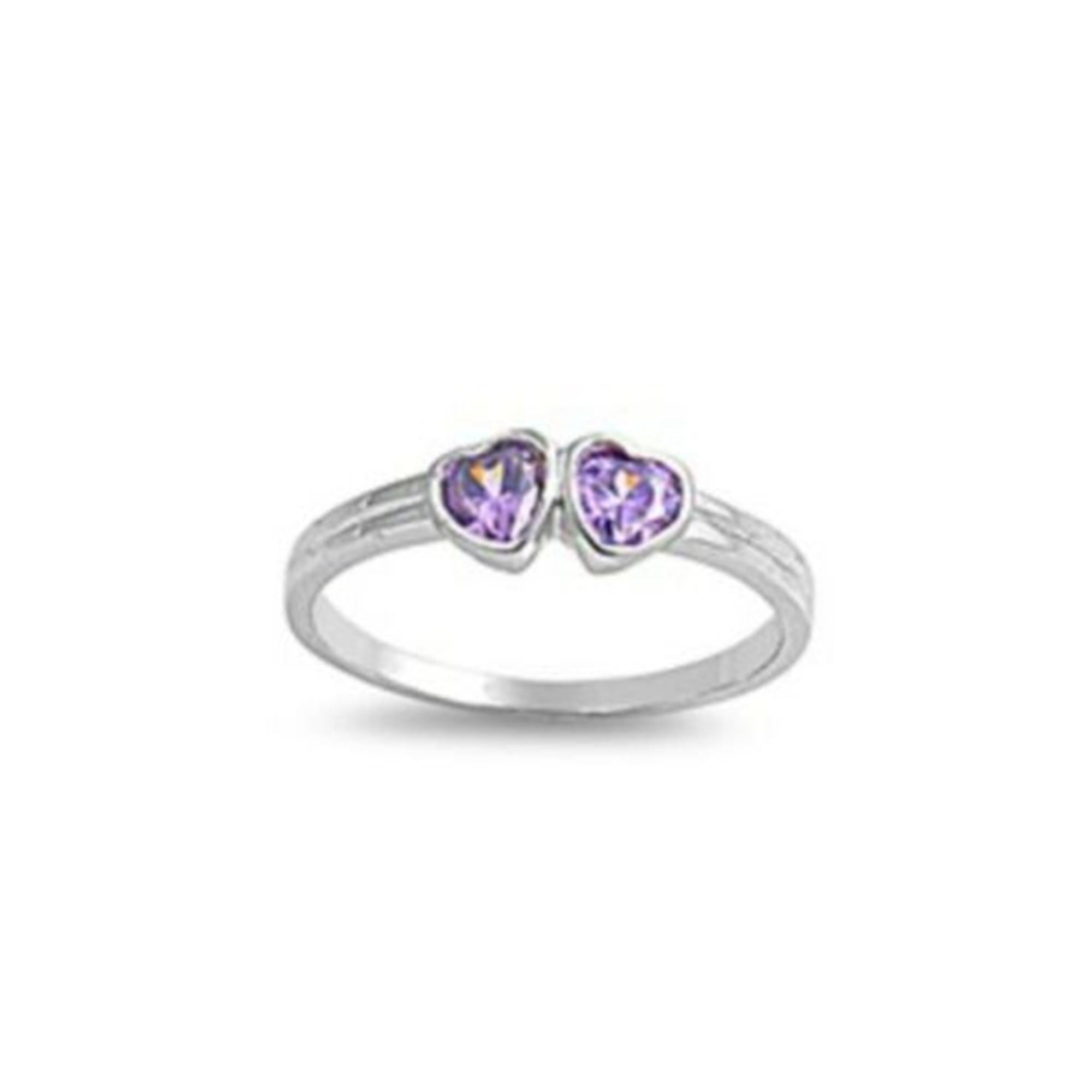 Sterling Silver Amethyst Purple CZ Twin Heart Ring Size 1-5