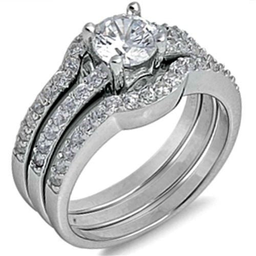 Sterling Silver Brilliant Cut Wedding 3 Ring Set CZ Engagement Ring and Band size 5-9
