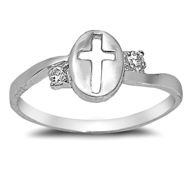 .925 Sterling Silver CZ Christian Cross Girls and Ladies Ring Size 4-9 Upright Vertical Midi