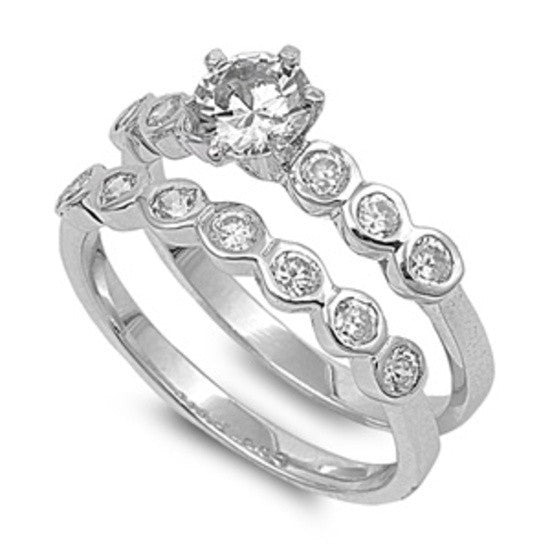 Sterling Silver CZ .75 carat Brilliant Round Cut Bezel Set Band Wedding Ring Set 5-10 - Blades and Bling Sterling Silver Jewelry