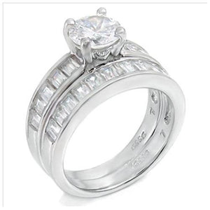 Sterling Silver .85 carat Round cut CZ and Emerald cut Channel Set Wedding Ring set size 5-9