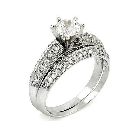 Sterling Silver .50 carat Round cut CZ Pave Set Wedding Ring set size 5-10