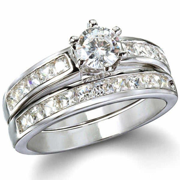 Sterling Silver Princess Cut CZ Wedding Engagement Ring Set Size 4, Women's, White