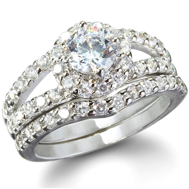 Sterling Silver .75 carat Halo Round cut CZ Wedding Ring set size 5-9