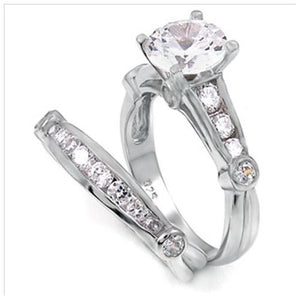 Sterling Silver 1.25 carat Round cut CZ Bezel and Channel set Wedding Ring Set size 5-9