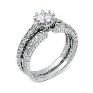 Sterling Silver .75 carat Vintage Look Round cut CZ Wedding Ring Set size 5-9