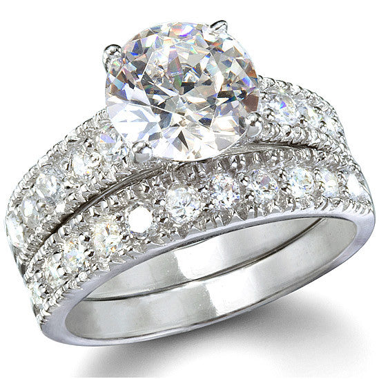 Sterling Silver 3.25 carat Round Cut CZ Big Bling Wedding Ring set size 4-9