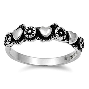 Womens flowers and hearts silver ring