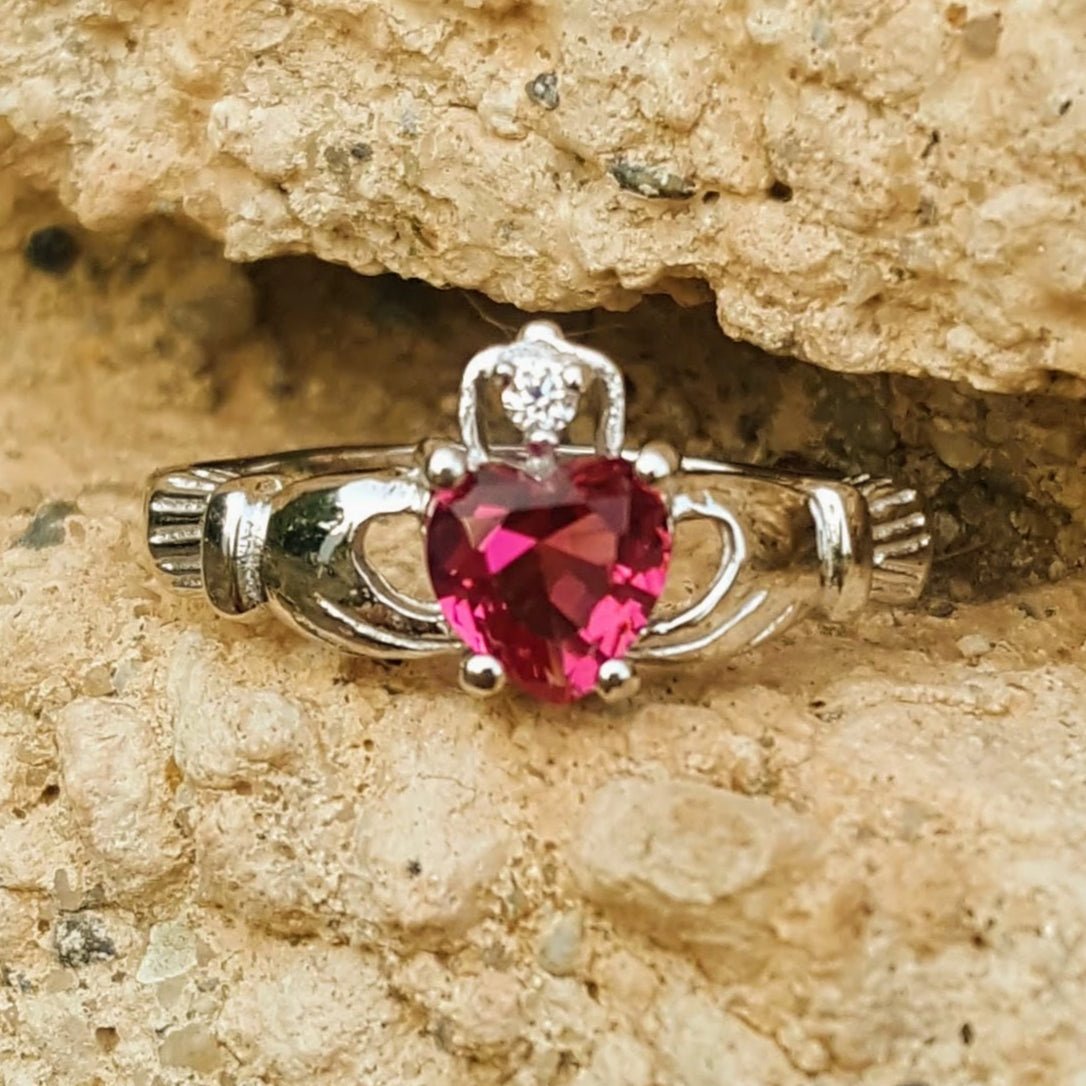 .925 Sterling Silver Rose Pink CZ Claddagh Ring Size 4-12