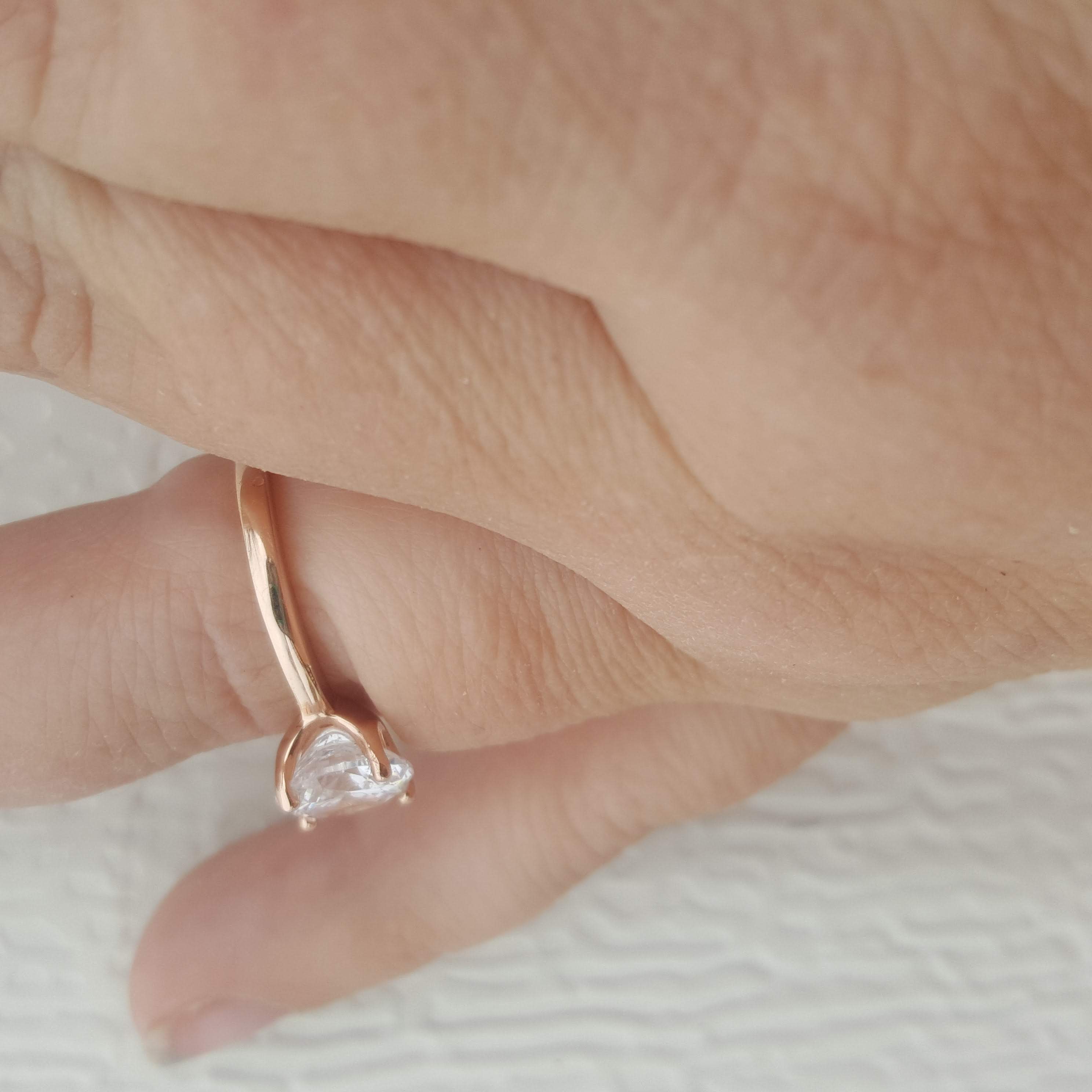 Rose Gold Solitaire Ring on finger side view