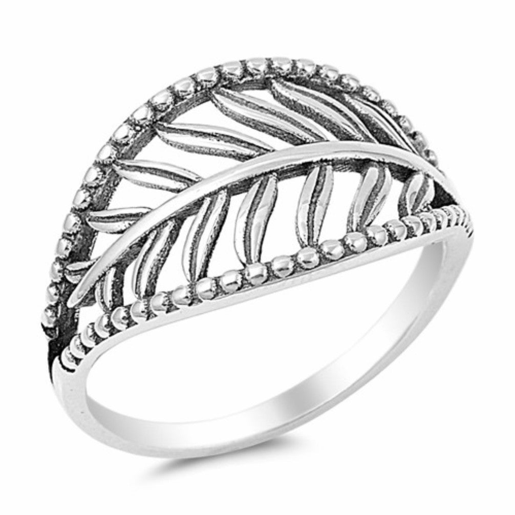 .925 Sterling Silver Feather Leaf Beaded Band Fashion Ring Size 5-10 - Blades and Bling Sterling Silver Jewelry