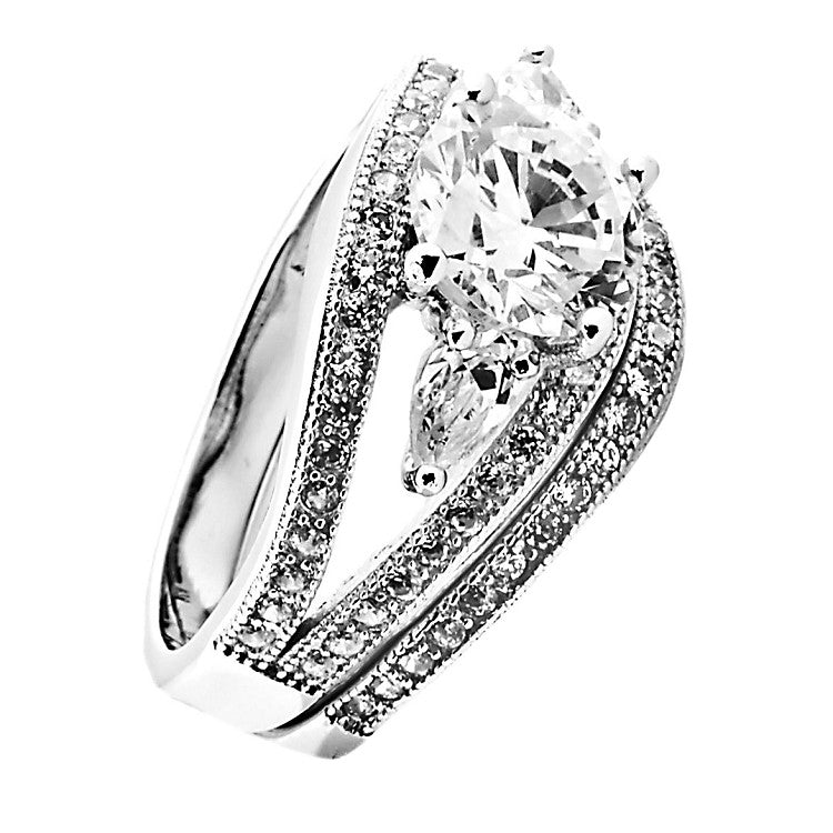 Sterling Silver Round cut and Teardrop CZ Three Stone Split Shank Wedding Ring Set Size 5 6 7 8 9 - Blades and Bling Sterling Silver Jewelry