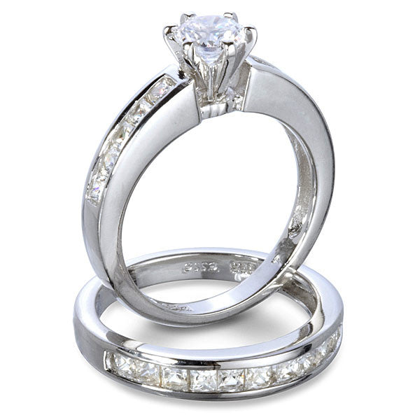 Sterling Silver .75 carat Round cut CZ and Channel Set Princess cut Wedding Ring Set size 4-11