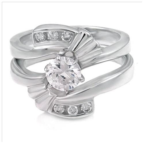 Sterling Silver 1.25 carat Round Cut CZ Fan Wedding Ring Set size 5-9