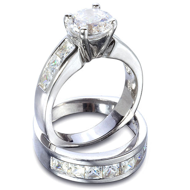 Sterling Silver 1.5 carat Round cut CZ Channel set Wedding Ring Set Size 4-11