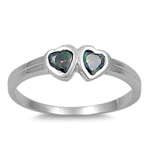 Sterling Silver Rainbow Mystic Topaz CZ Twin Heart Ring Size 1-5 by Blades and Bling Sterling Silver Jewelry