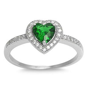 Sterling Silver Halo Green Emerald CZ Heart Engagement Ring size 4-10 - Blades and Bling Sterling Silver Jewelry