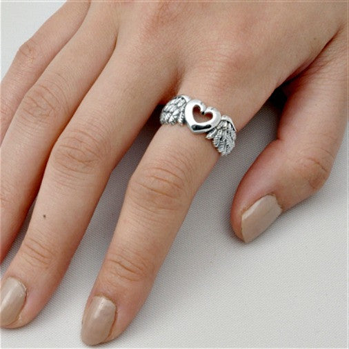 .925 Sterling Silver Angel Wings Heart Ring Ladies Size 5-12 by  Blades and Bling Sterling Silver Jewelry