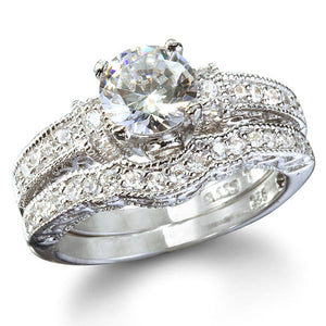 Sterling Silver 1.25 carat Round cut CZ Vintage Style Wedding Ring Set Size 4-11