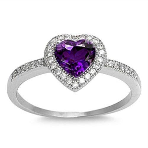 Sterling Silver Halo Amethyst CZ Heart Engagement Ring size 4-10 - Blades and Bling Sterling Silver Jewelry