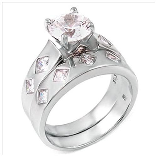 Sterling Silver 2.75 carat Round Cut CZ Bling and Princess cut Diamond Bezel set Modern Wedding Ring set size 5-9