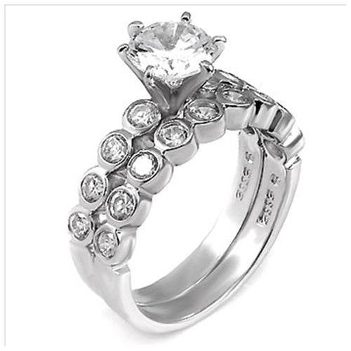 Sterling Silver 2 carat Round cut CZ Bezel set Wedding Ring Set Size 5-9