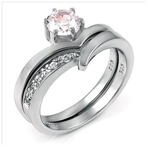 Sterling Silver .50 carat Round Cut Chevron V Shaped Wedding Ring Set size 5-9