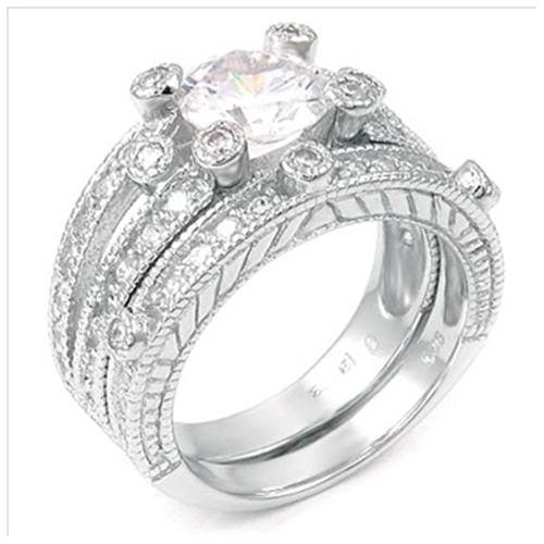 Sterling Silver 2.75 carat Round Cut CZ Modern Split Shank Bezel Set Wedding Ring Set size 5-9