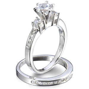 Sterling Silver 0.80 carat Round cut CZ Three Stone Wedding Ring Set size 4-9