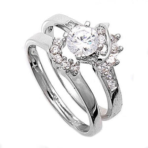 Sterling Silver CZ 1 carat Brilliant Round Cut Solitaire Wedding Ring Set with Sidestones 5-10