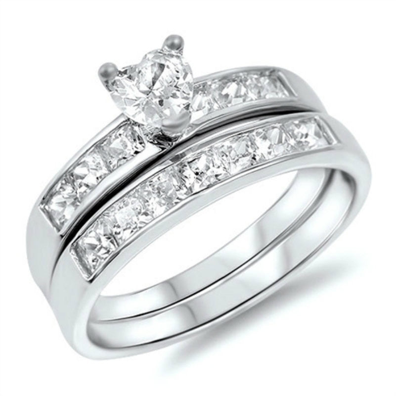 Sterling Silver .75 carat Heart CZ Channel set Wedding Ring Set 5-10
