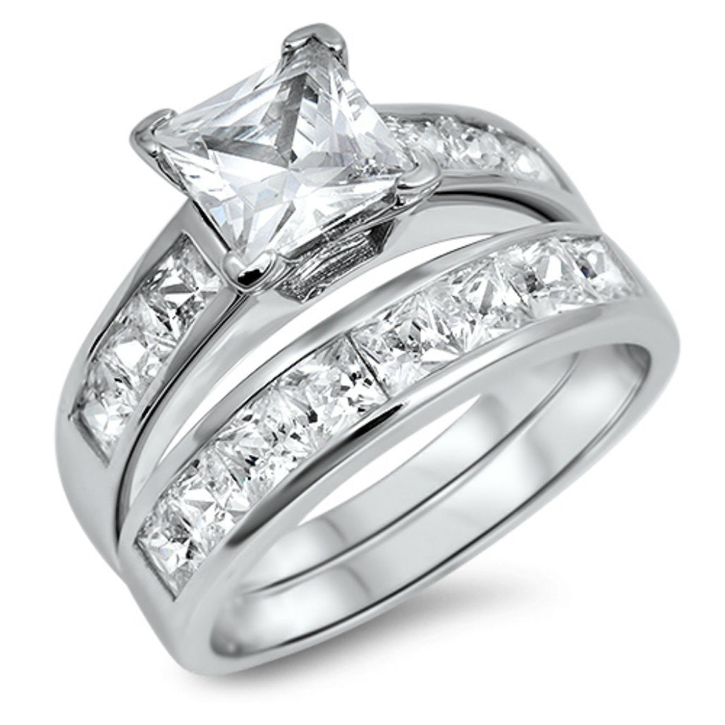 Womens Sterling Silver Princess Cut Wedding Ring Set Size 4-11