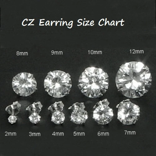 Silver CZ stud earrings size chart