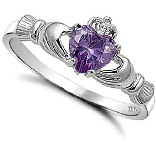 Sterling Silver Amethyst CZ Purple Claddagh Ring Size 4-12