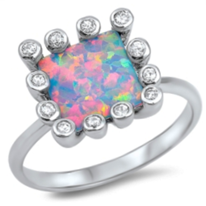 Pink fire rainbow opal cocktail princess cut halo womans ring 