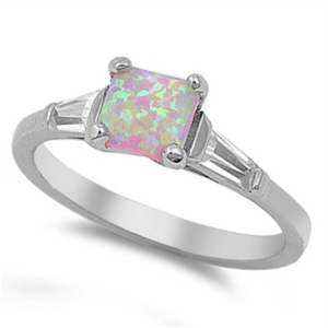 Pink fire rainbow opal engagement three stone ring 