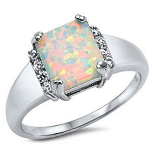White fire rainbow opal engagement princess cut halo womans ring 