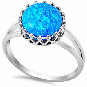 Sterling silver large dark and light blue opal round cut ring in detailed basket setting