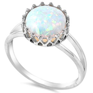 Sterling silver large white opal round cut ring in fancy basket setting