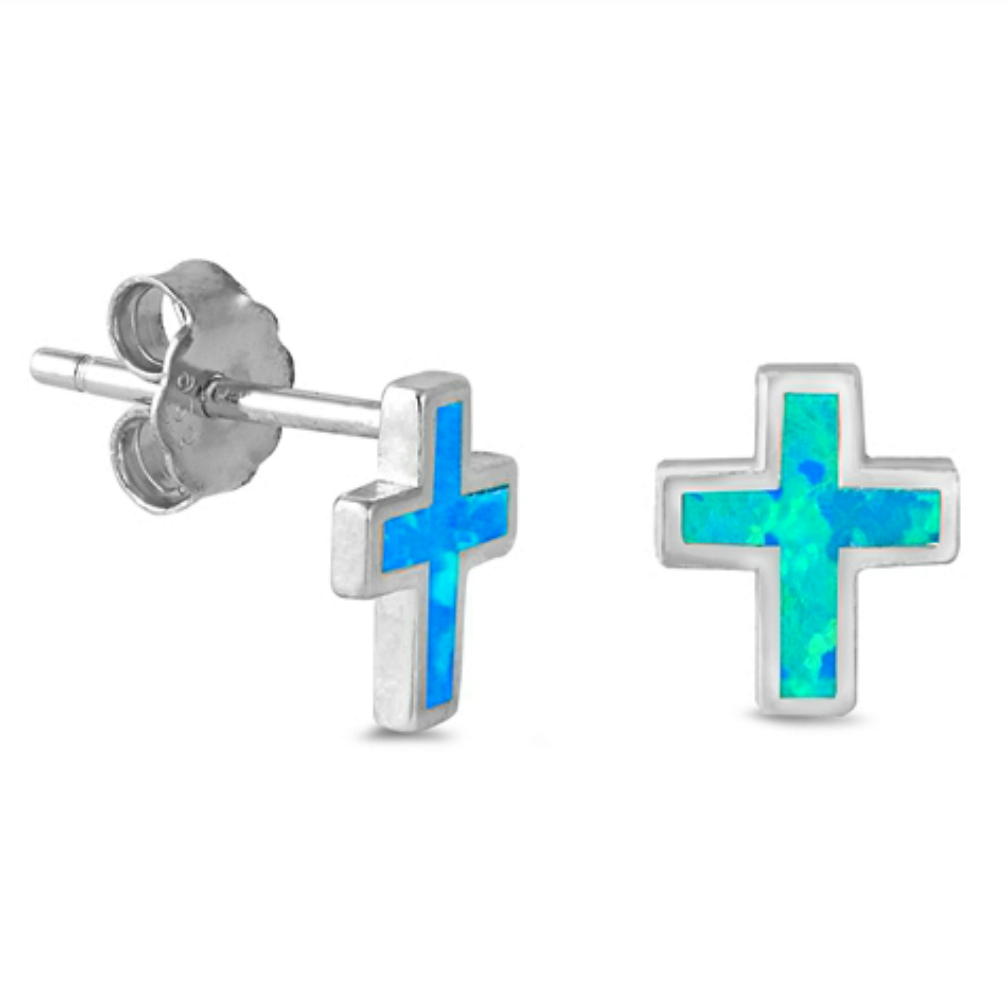 Womens and kids vertical cross earrings in blue and silver