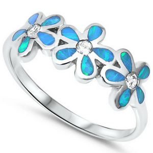 Cute blue opal daises floral ring in sterling silver 