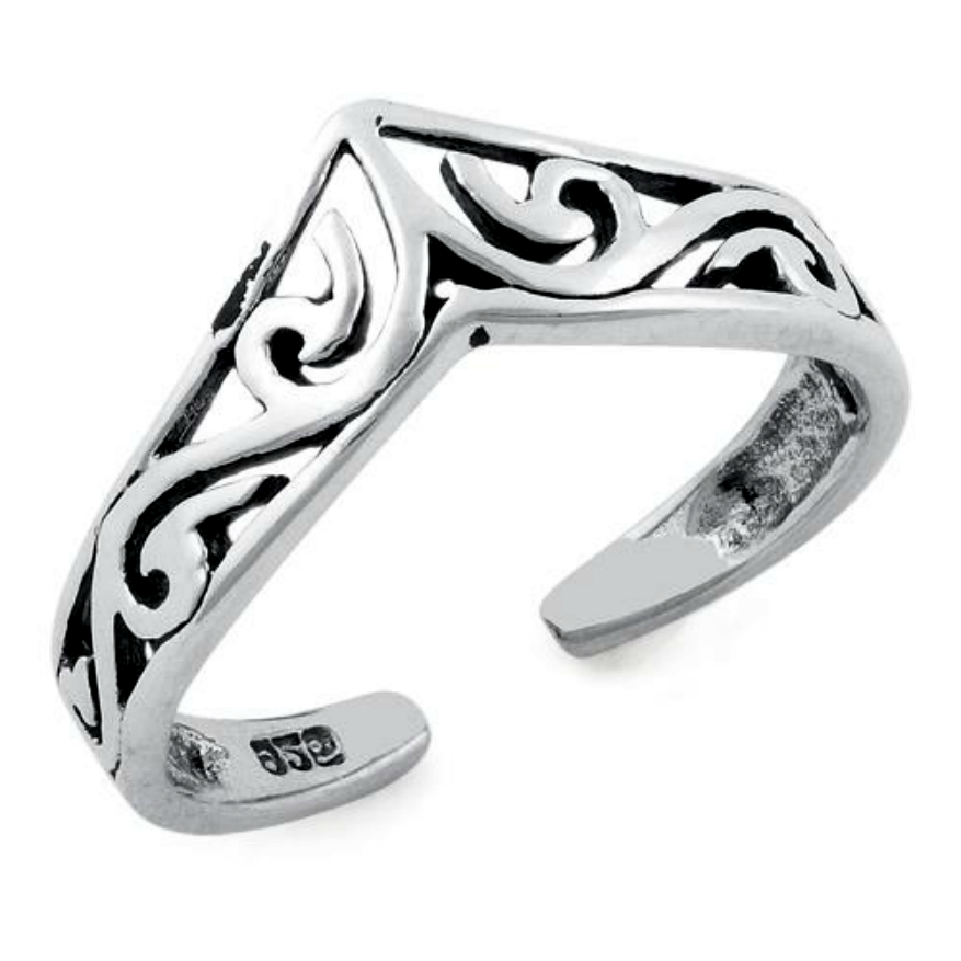 .925 Sterling Silver Chevron V Ladies Ring Midi Adjustable Size Toe and Knuckle with Celtic Filigree Swirls
