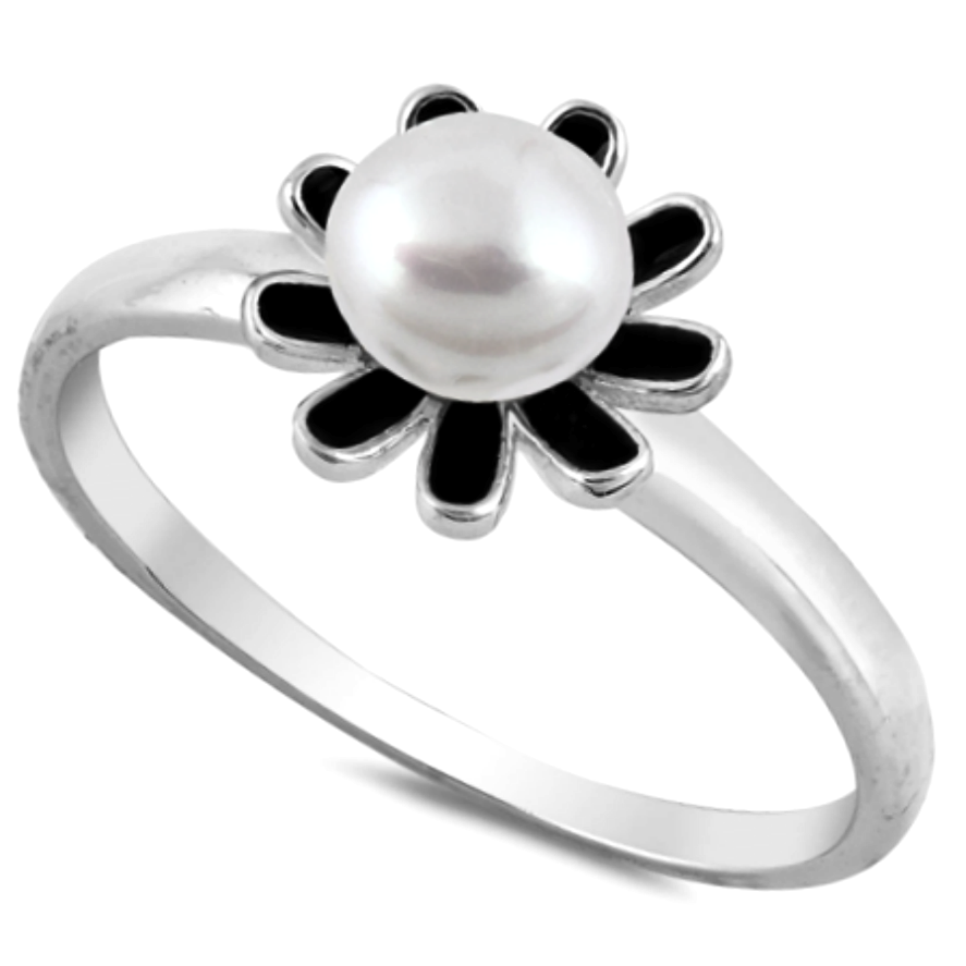 Black ladies flower ring with freshwater white pearl