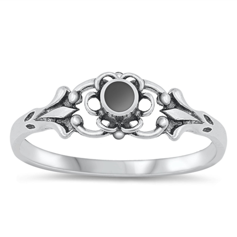 Kids Midi Sterling Size – 925 Flower Silver Onyx Ring 4-10 Ladies Fashion Black Silver Sterling