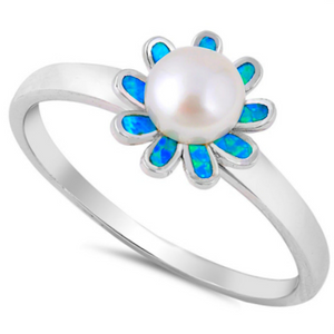 Sparkling blue opal ladies flower ring with freshwater white pearl accent