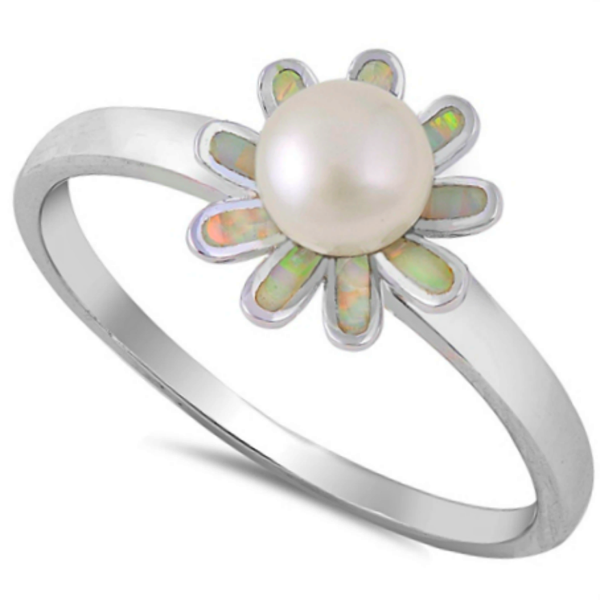 Freshwater Pearl and White Opal bloom in this elegant silver flower ring